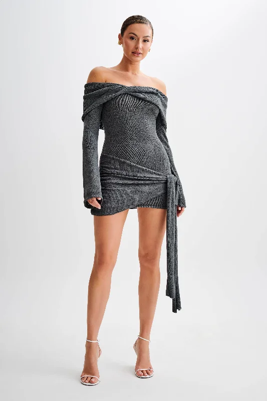 First Order Discount Camryn Off Shoulder Tie Knit Mini Dress - Charcoal