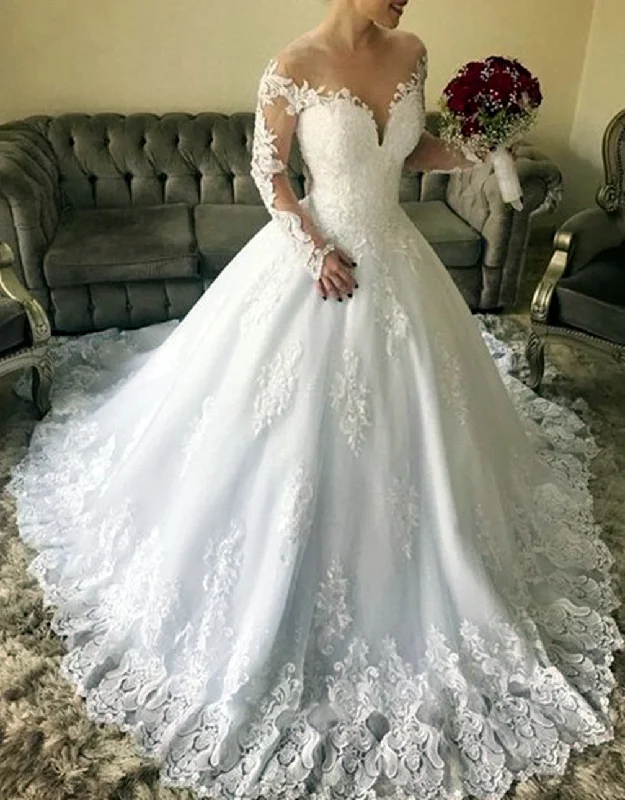 Seasonal Trends Women Ball Gown Appliques Wedding Dresses Long Sleeves Lace Bridal Gowns YWD175