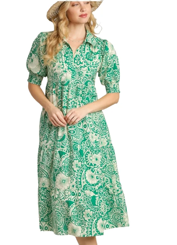 Your Timeless Wardrobe Awaits Abstract Print Midi Dress, Green