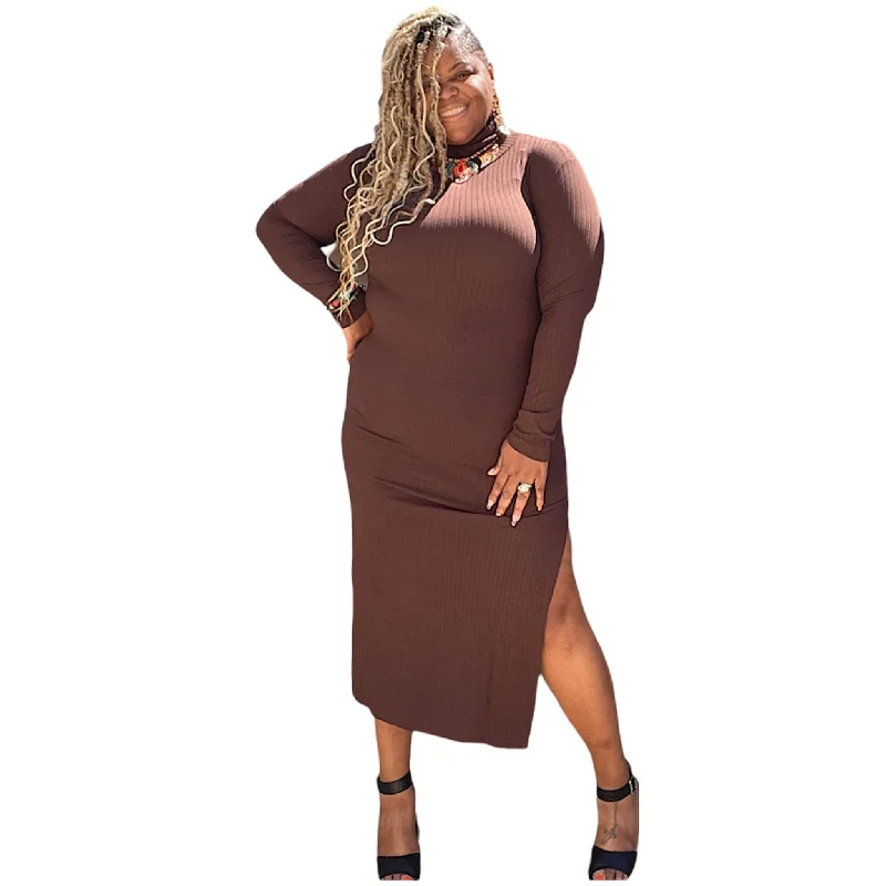 Flash Sale Fever Plus Size Turtle Neck High Slit Maxi Dress