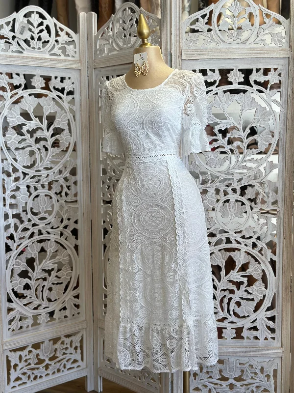 Insane Discount Onslaught White Lace Midi Dress- Not Stretchy