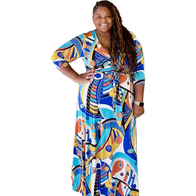 Stylish Spring Fashion Plus Size Vibrant Geometric Faux Wrap Maxi Dress