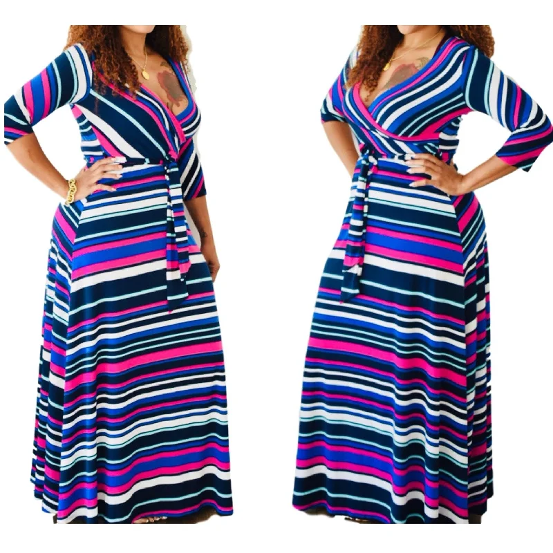 New Season Fashion Preview Sale New Vibrant Striped Belted Faux Wrap Maxi Dress