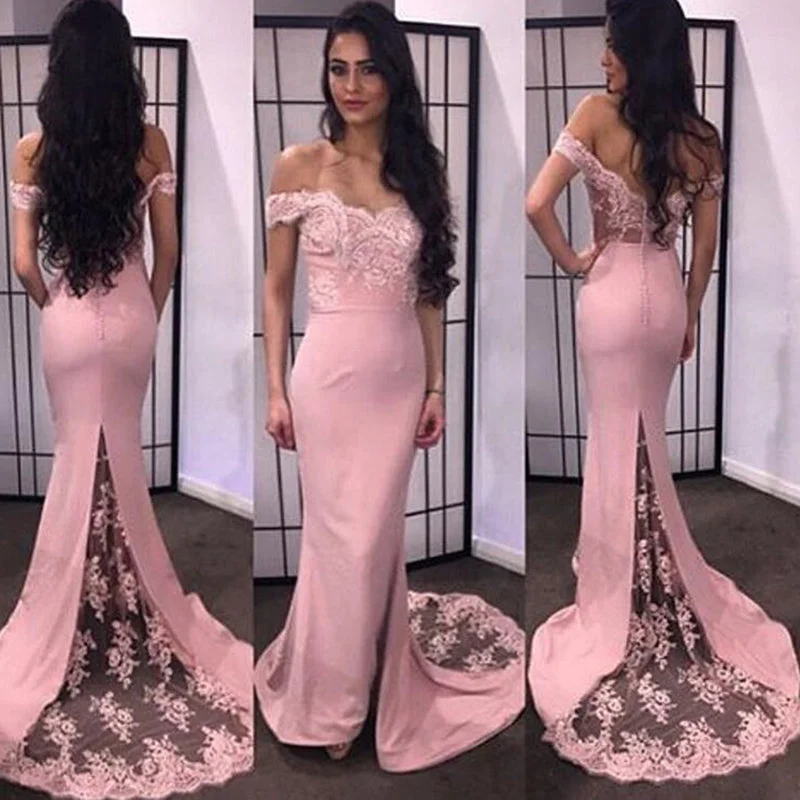 Unbeatable Deals Fishtail Pink Bridesmaid Dress Long with Lace Wedding Party Guest Gown for Women LP535