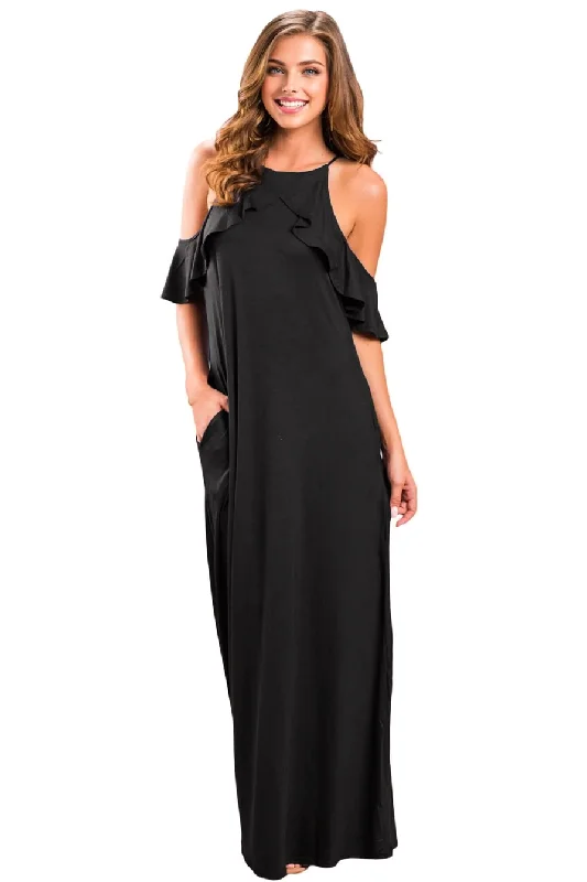 Winter Warm - Up Sale JuliaFashion-Black Ruffle Sleeve Cold Shoulder Maxi Dress