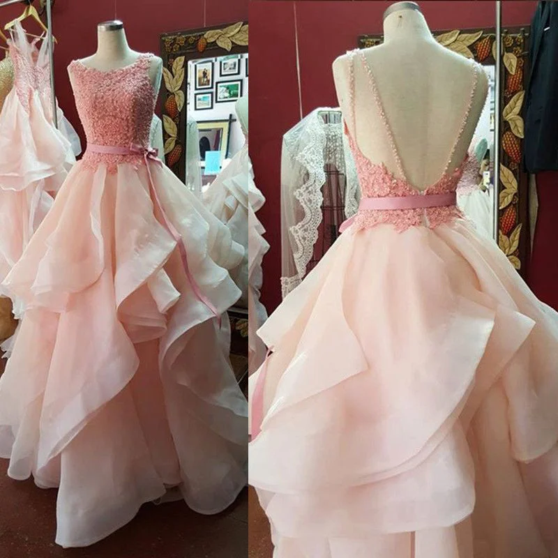 Big Savings Fancy Boat Neck Ball Gown Prom Dresses Pink ,Lace Tiered Organza Princess Quinceanera Dresses for Sweet 16 ,Pink Wedding