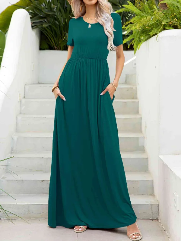 Fashion Sale Round Neck Short Sleeve Maxi Dress with Pockets