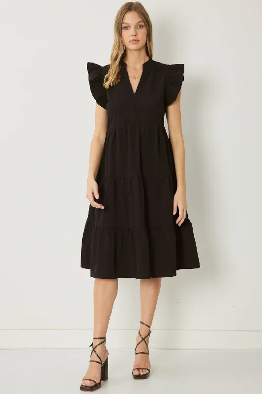 Trendy Styles Ruffled Pocket Tiered Midi Dress, Black