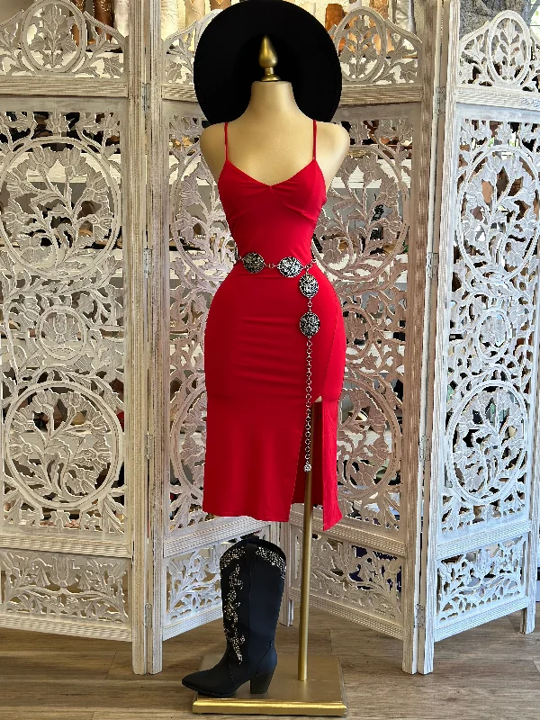 Elegant Attire For The Modern Lady Red Triangle Slit Midi Dress