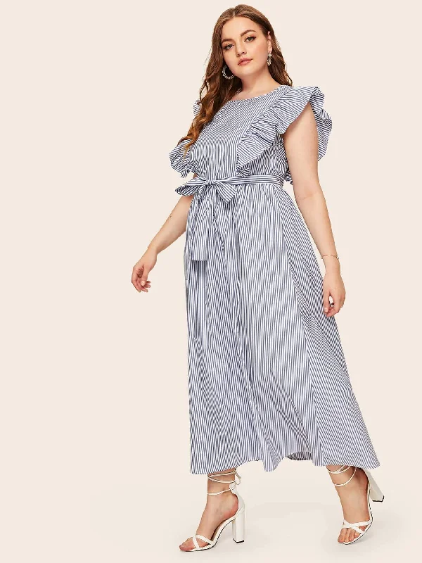 Latest Fashion Plus Ruffle Armhole Striped Maxi Dress