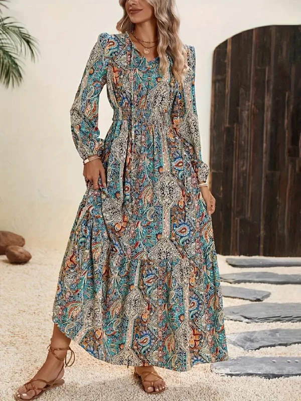 Trend Forward Women's Wear Printed Tie Neck Long Sleeve Maxi Dress