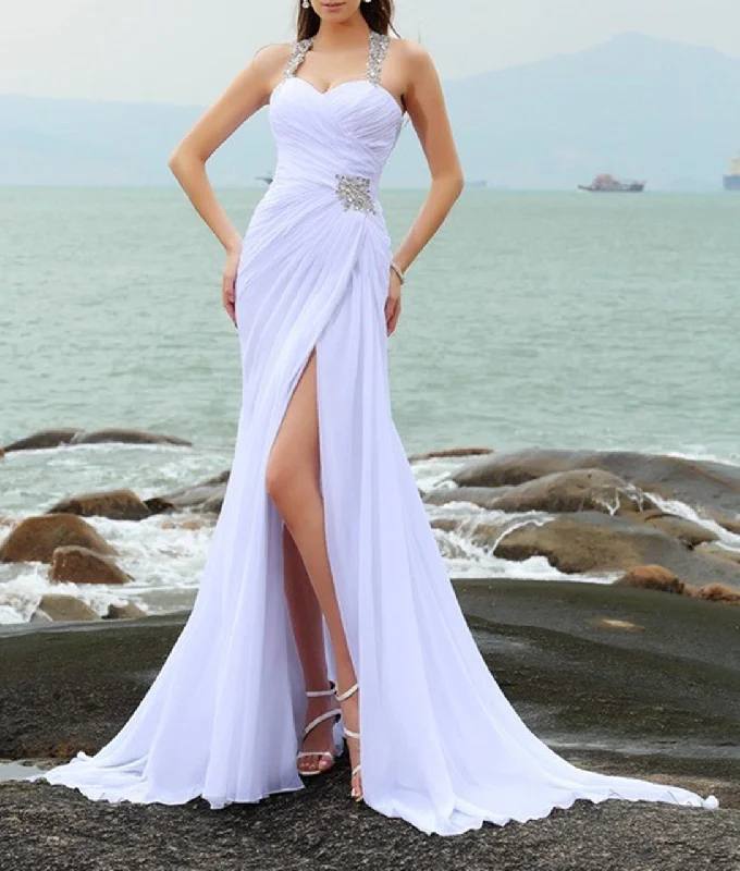 Sophisticated Fashion Women Chiffon Beach Wedding Dresses Long Beading Bridal Gowns YWD123