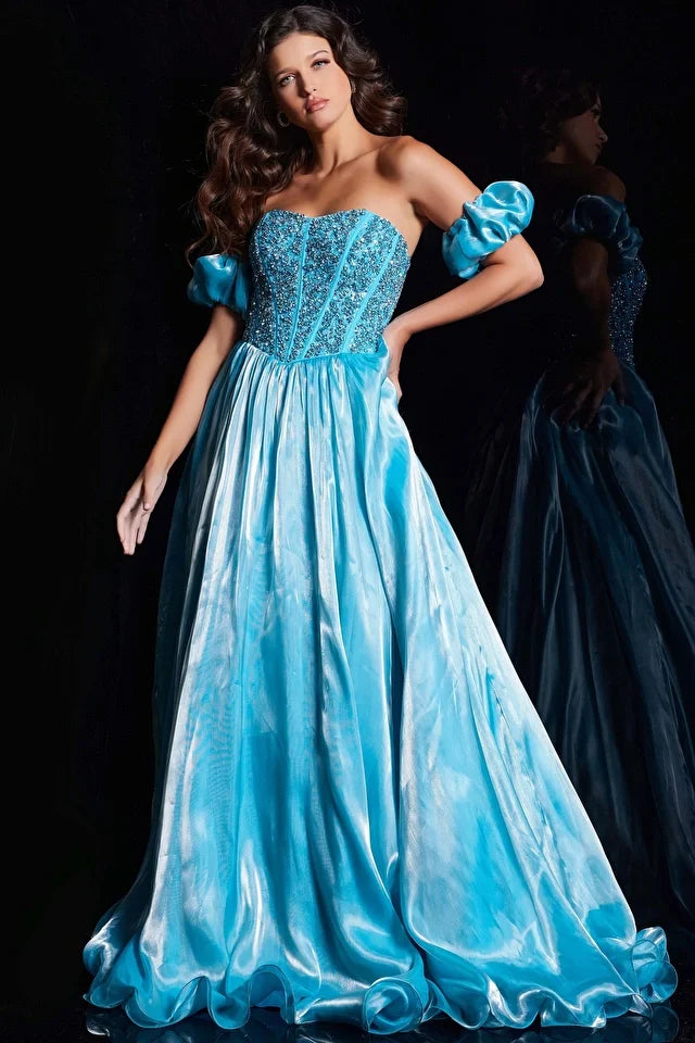 Enjoy Discount Jovani 36591 Long Prom Dress Corset Fit and Flare Beaded Dress Detachable Ruffle Sleeve Formal Pageant Gown