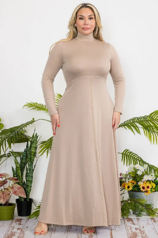 Limited Time Deal Plus Size Mock Neck Flare Maxi Dress with Zipper Back and French Terry Fabric