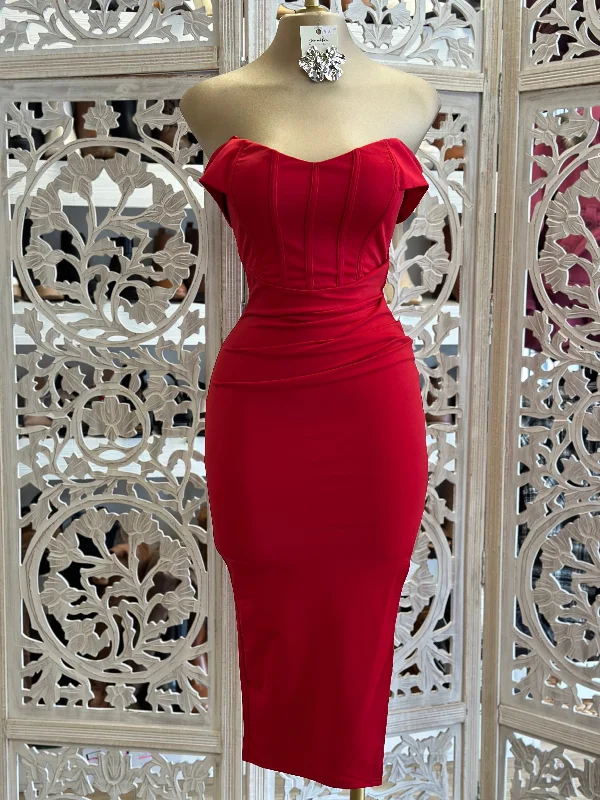 Chic And Trendy Red Corset Off Shoulder Midi Dress Stretchy