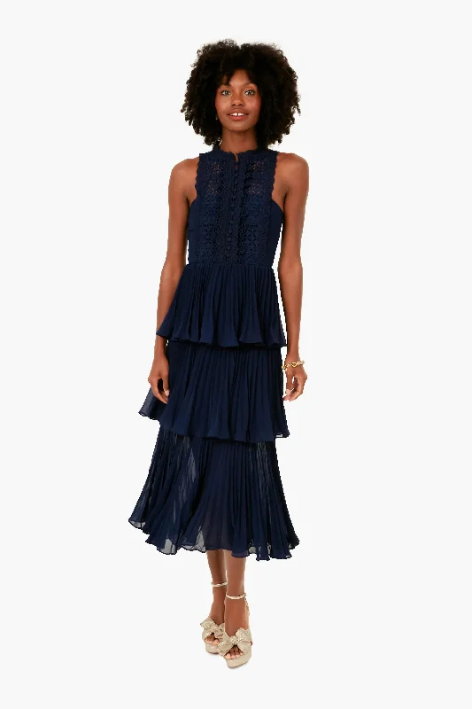 Best Sellers Navy Cotton Broderie Tiered Midi Dress