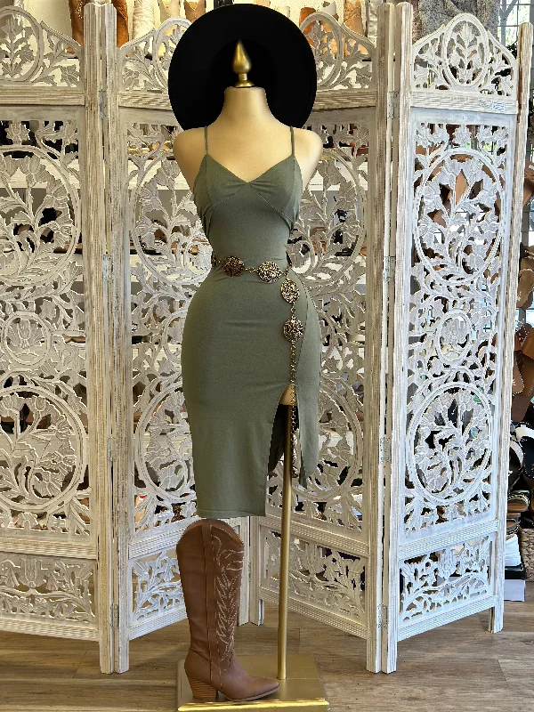 Style Redefined Olive Triangle Slit Midi Dress