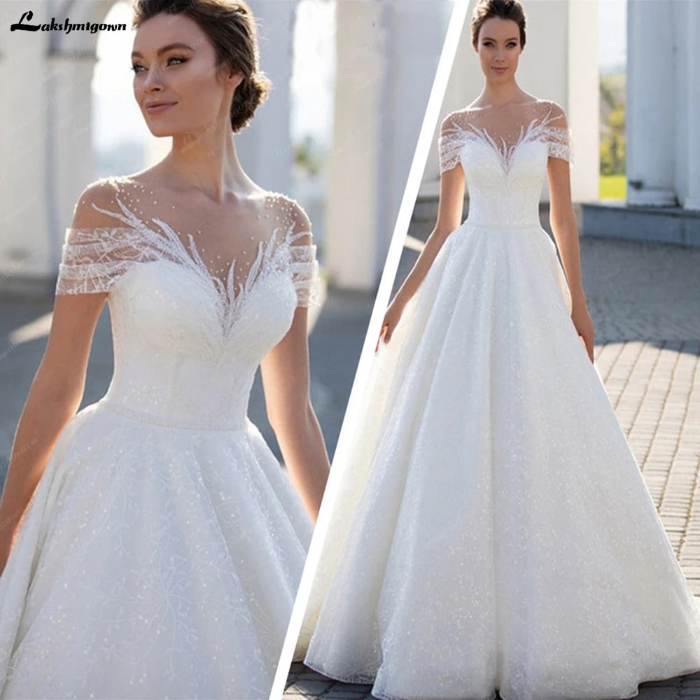 Quality Wear Roycebridal Sparkling Off-The-Shoulder Wedding Dress Elegant Glitter Lace A-Line Bridal Gown with Illusion Pleats Short Sleeves