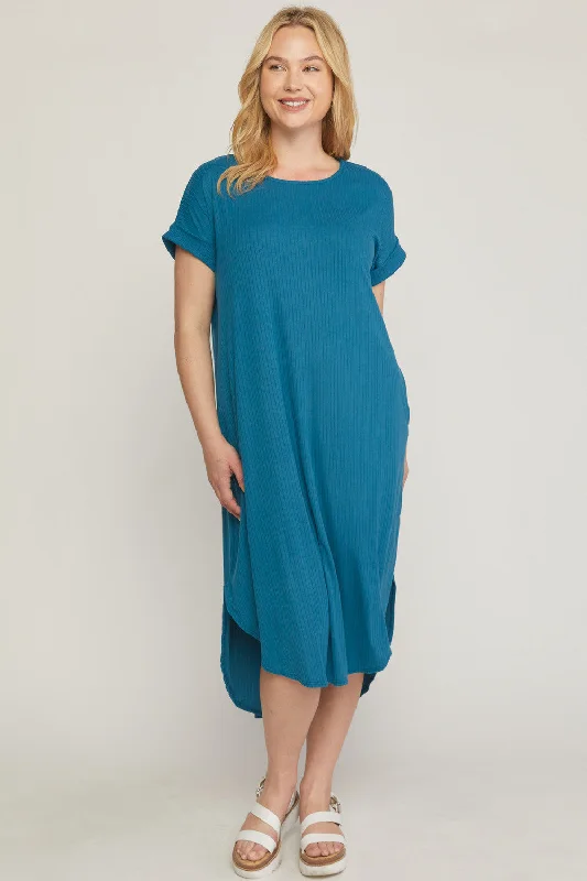 Versatile Wardrobe Essentials Ribbed Pocket Midi Dress, Teal