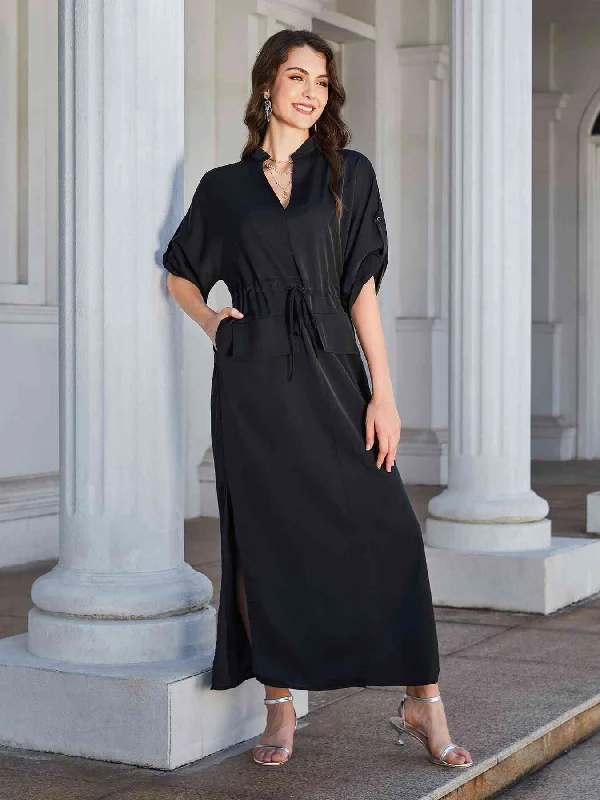 Effortless Chic Apparel High Slit Roll-tab Sleeve Notched Neck Maxi Dress