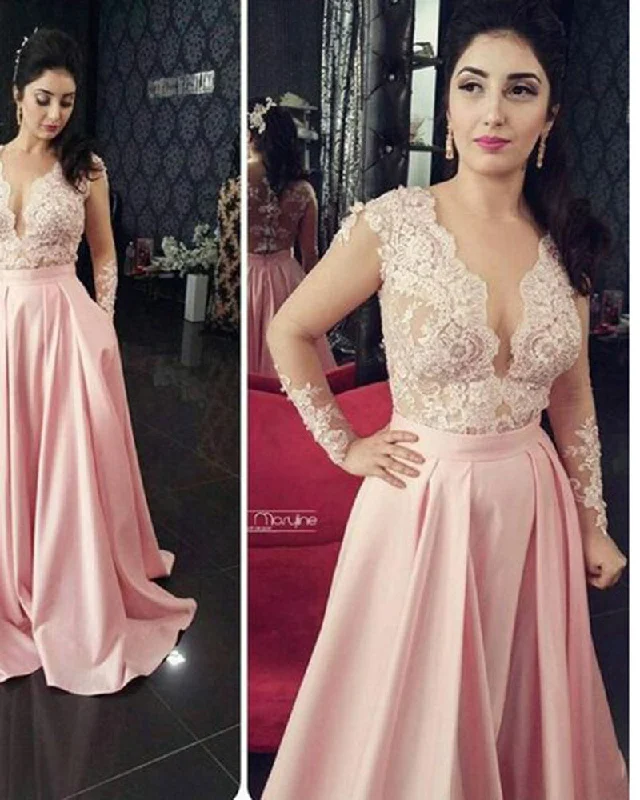 Trend Alert Ivory/Pink Lace Appliqued Women Formal Evening Dresses with Long Sleeves Wedding party Gown PL0021