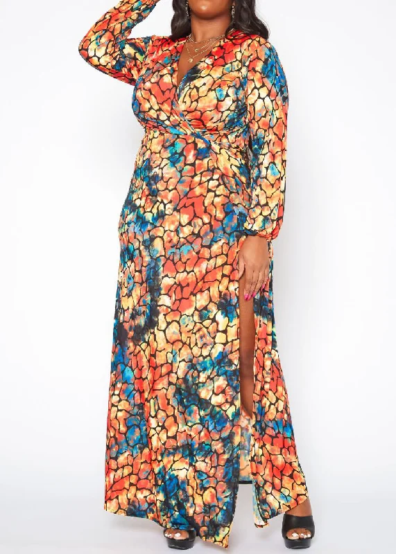 Daily Deals Hi Curvy Plus Size Women Rocky Print Wrap Maxi Dress