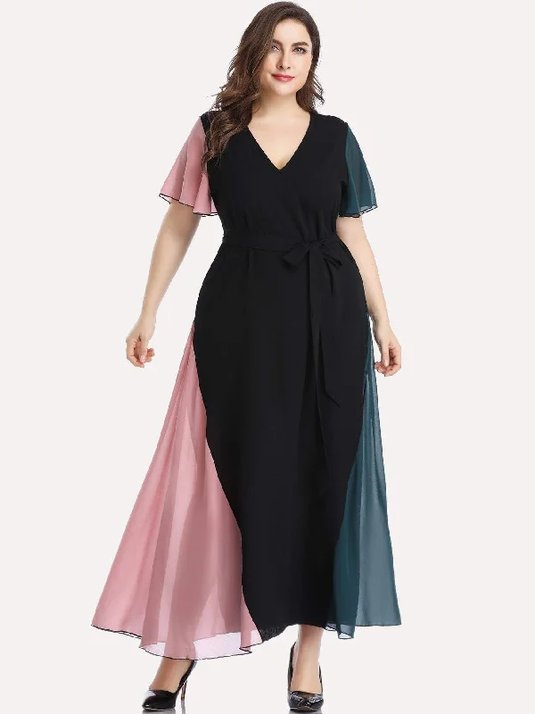 Save Big Plus Cut And Sew Panel V-neck Belted Maxi Dress