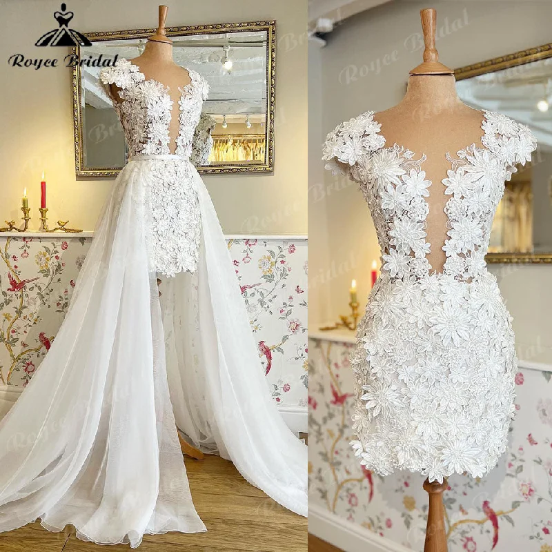 Chic And Trendy Roycebridal Elegant Cap Sleeve Two Pieces Lace Floral Plunging Wedding Dress with Detachable Skirt 2025 Bridal reception Gown robe de soirée