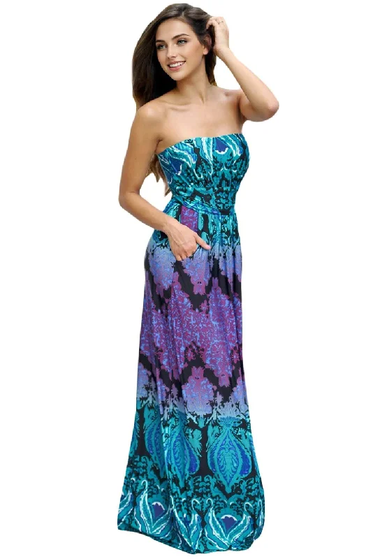 Anniversary Sale JuliaFashion-Aqua Purple Strapless Maxi Dress with Pockets