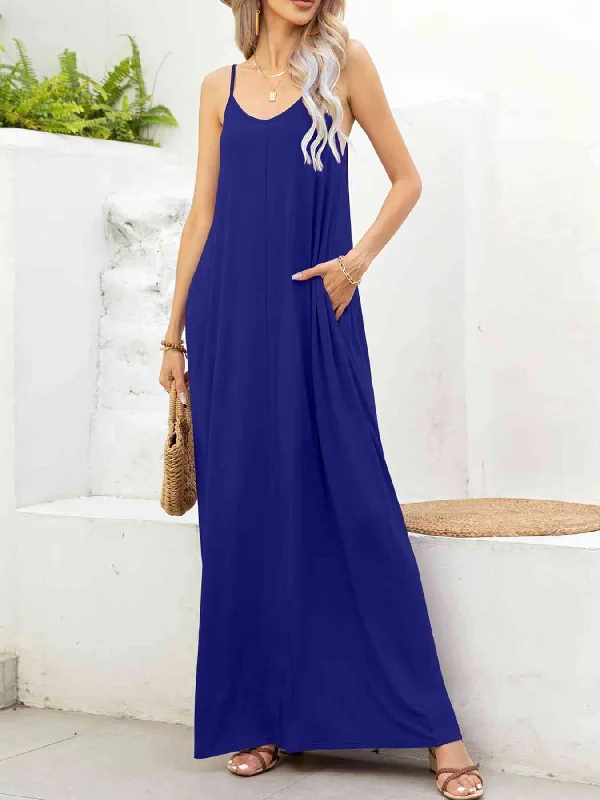 Wardrobe Essentials Spaghetti Strap V-Neck Maxi Dress with Pockets