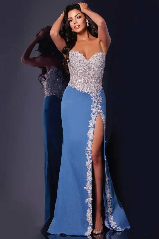 Chic Styles Jovani 43341 Sheer Lace Crystal Corset Denim Prom Dress Strapless Pageant Gown Slit