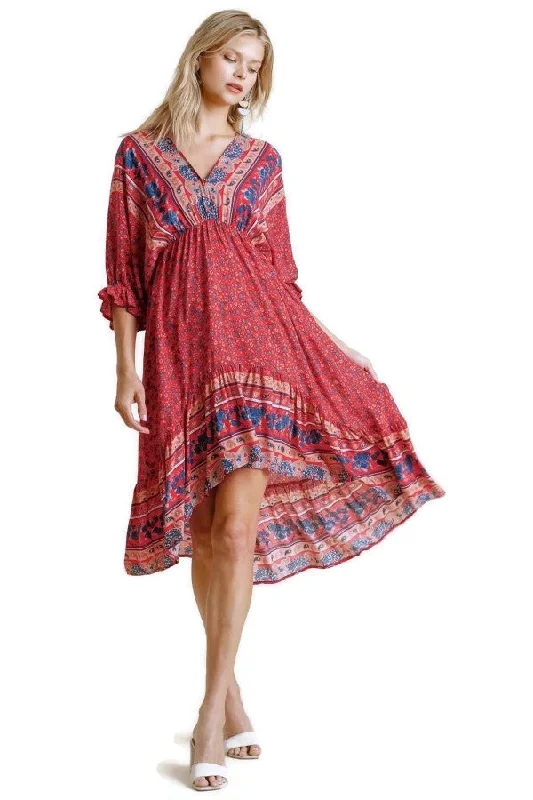 Comfort Meets Fashion Mixed Print Bohemian Midi Dress, Red