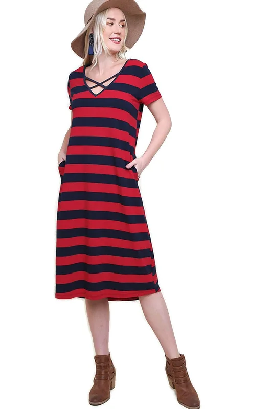 Vibrant Femme Fashion Striped T-Shirt Midi Dress, Navy / Red