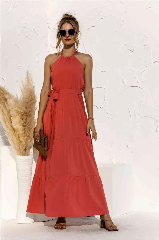 Stylish Basics Halter Neck Tie Waist Tiered Maxi Dress