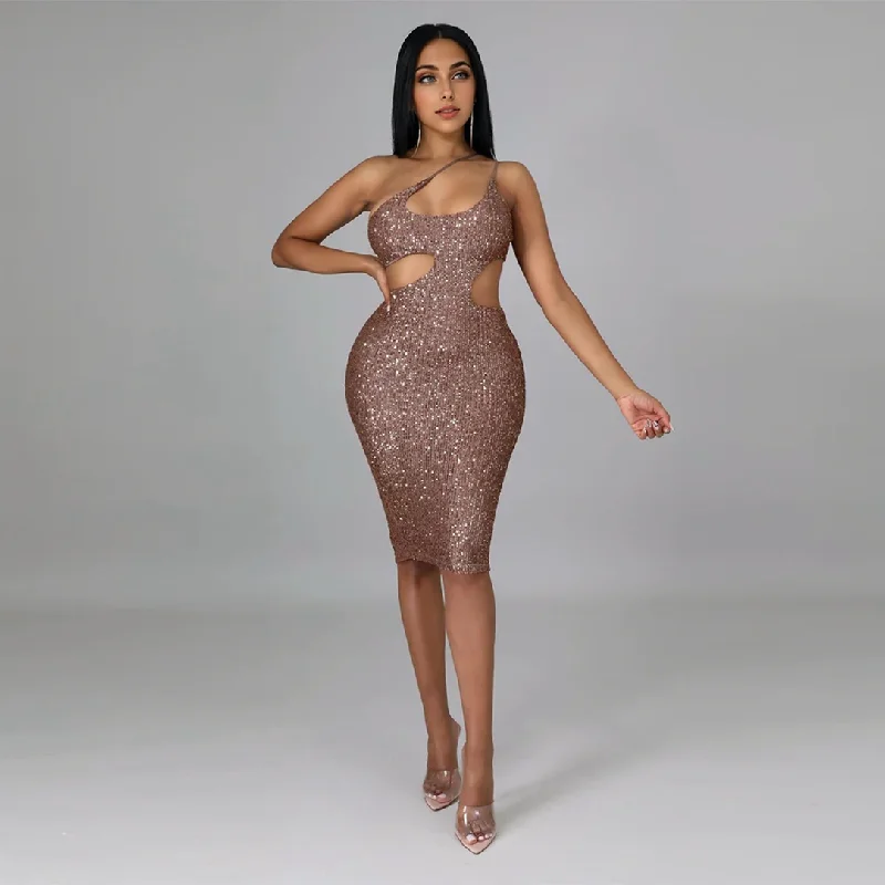 Effortless Everyday Wear Julia Fashion - Sexy Slant Shoulder Backless Sequined Midi Dress