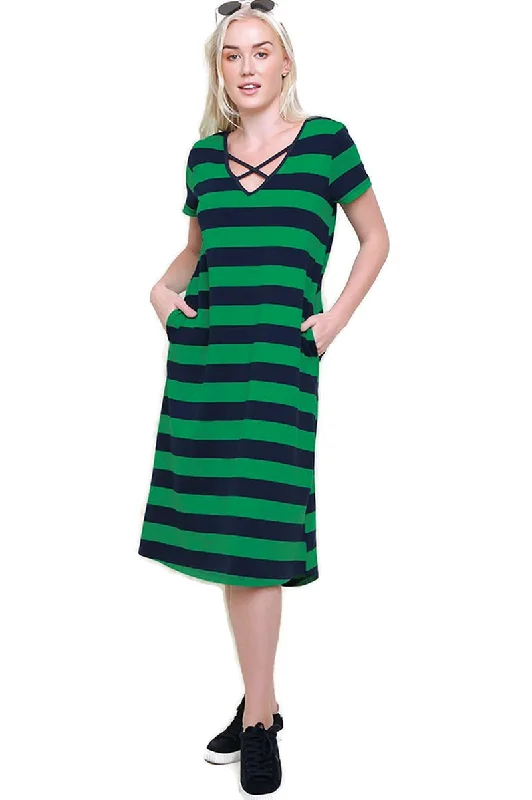 Elegant Clothing Striped T-Shirt Midi Dress, Green / Navy