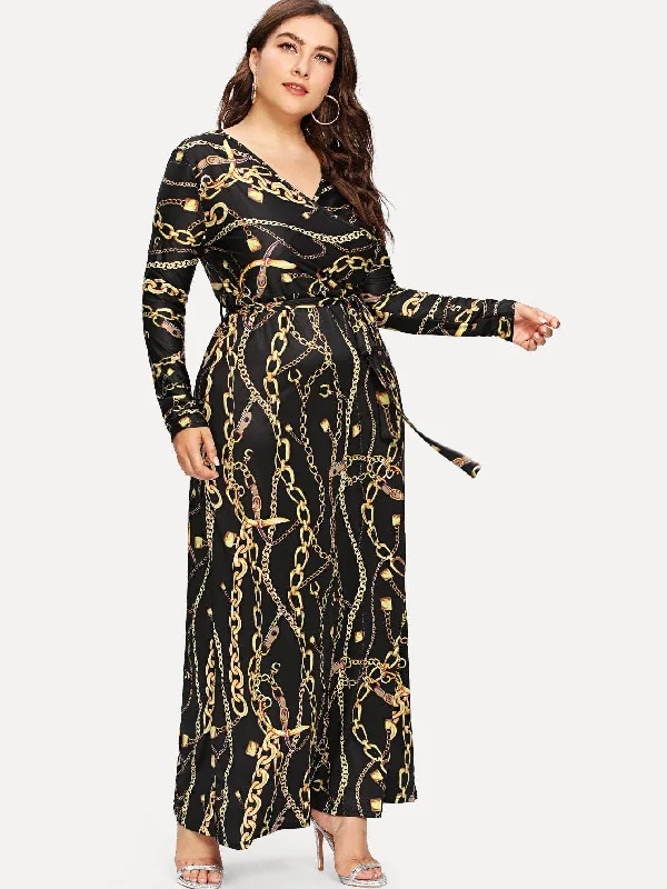 Trendy Street Style Attire  Plus Digital Print Plunging Gown Dress