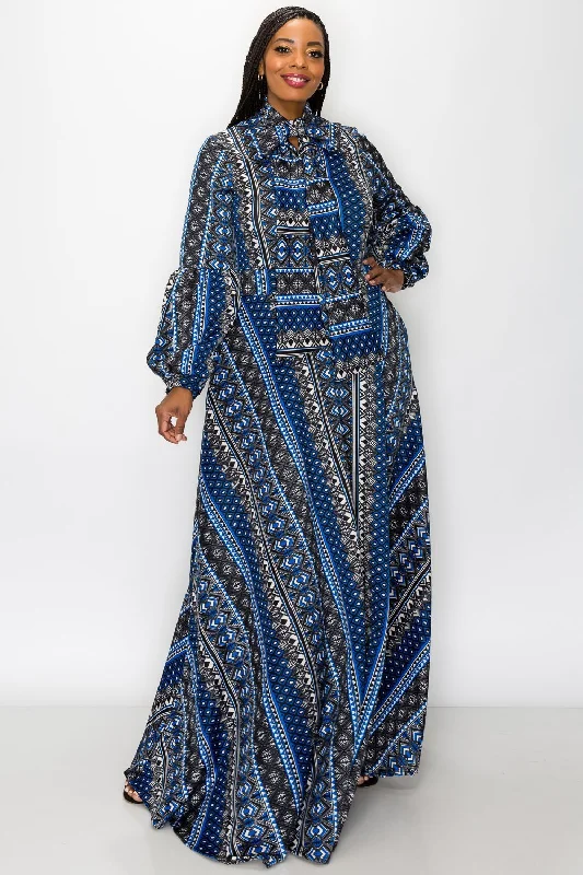 Women's Casual Wear Outfit Ethnic Printed Bella Donna Dress with Ribbon and Puffed Out Sleeves
