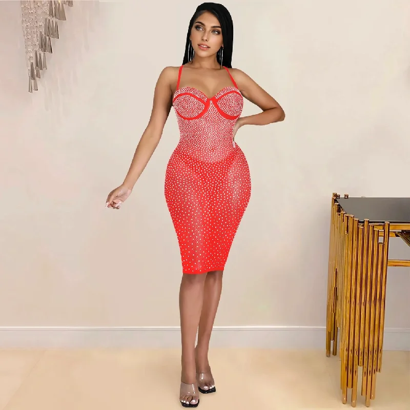 Hot Deals Julia Fashion - Sexy Halter Mesh See Though Party Midi Dress