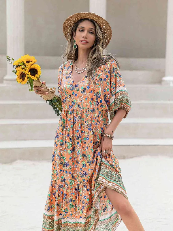 Durable Fashion Picks Printed V-Neck Short Sleeve Maxi Dress