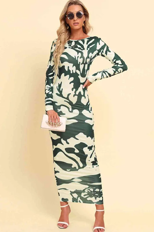 Your Timeless Wardrobe Awaits Printed Backless Long Sleeve Maxi Dress