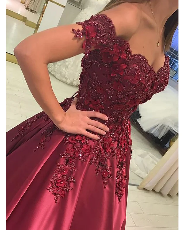 Trendy Clothing Sale Burgundy Gorgeous Flower Lace Ball Gown Women Formal Prom Evening Dress /Wedding Party Dress