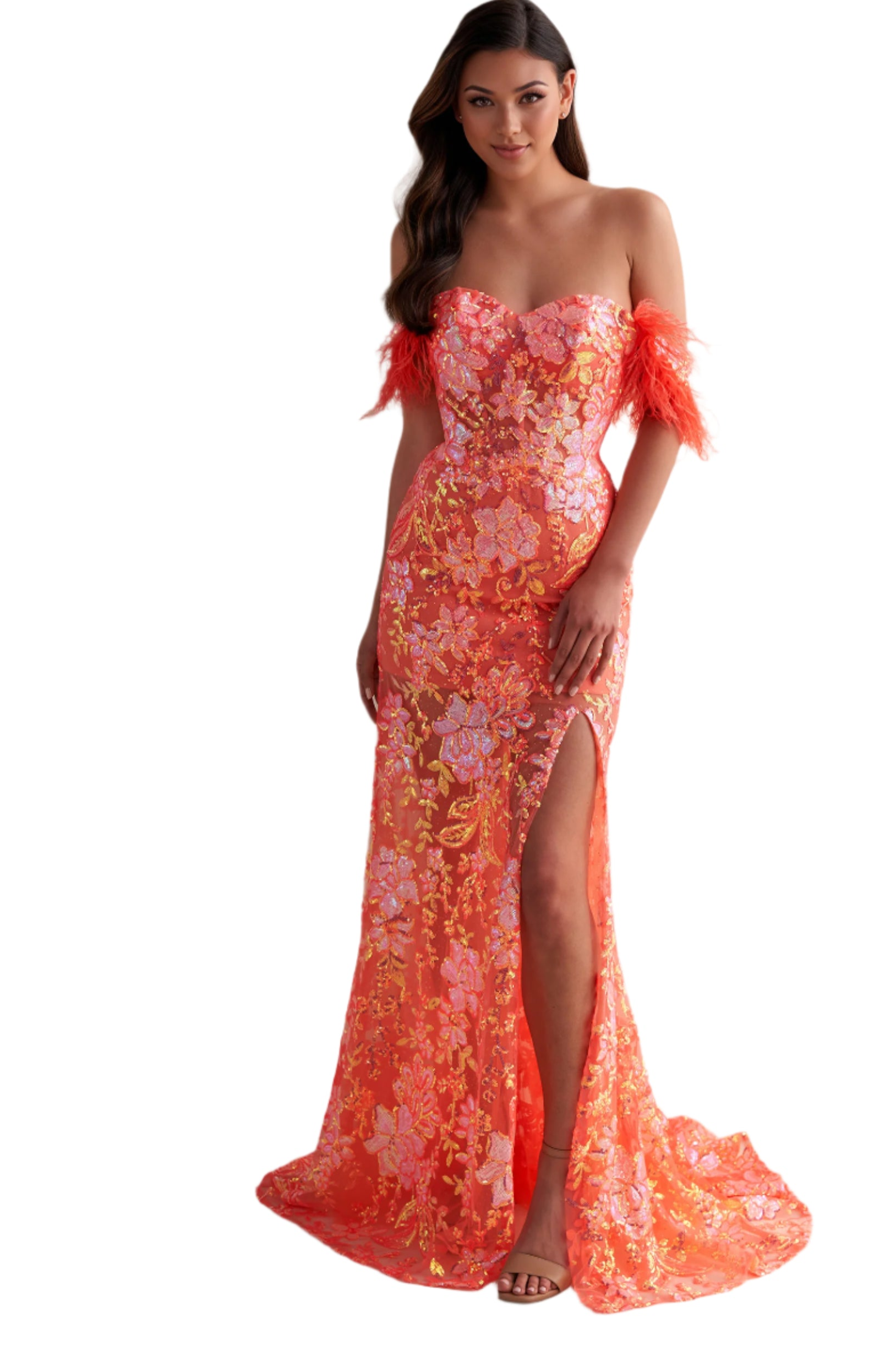 Everyday Basics Ellie Wilde EW34034 Size 10 Coral Prom Dress Long Sheer Sequin Feather off the shoulder slit dress corset gown