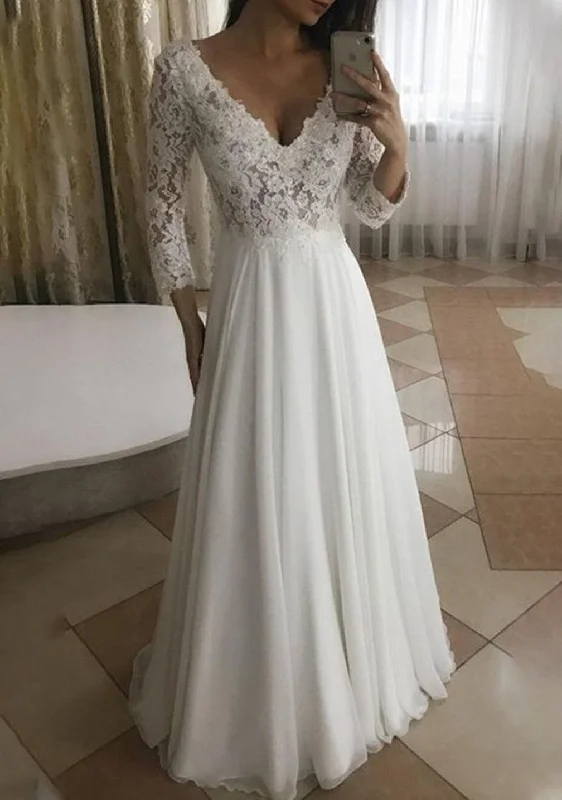 Absurdly Cheap Sale Women A-Line Lace Wedding Dresses Long Sleeves V-Neck Bridal Gowns YWD154