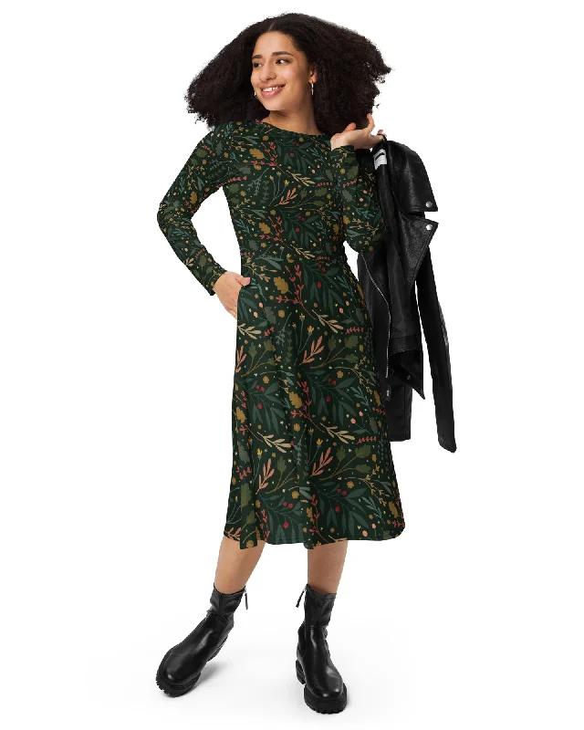 Limited Time Offers Festive Flora Long Sleeve Midi Dress