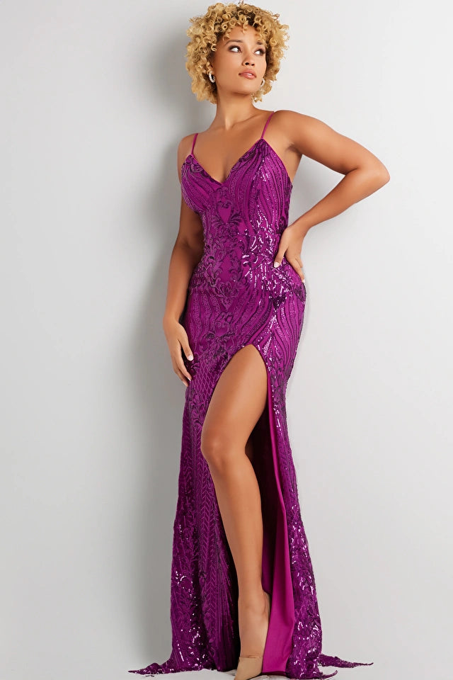 Fashion Forward Femininity Jovani 38337 Long Prom Dress Fitted Sheath Sequin High Slit V Neckline Formal Pageant Gown