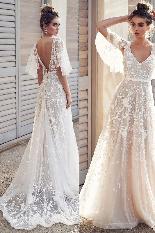 Chic & Cozy Apparel Romantic Ivory V-Neck Lace Appliques Backless Beach Wedding Dresses