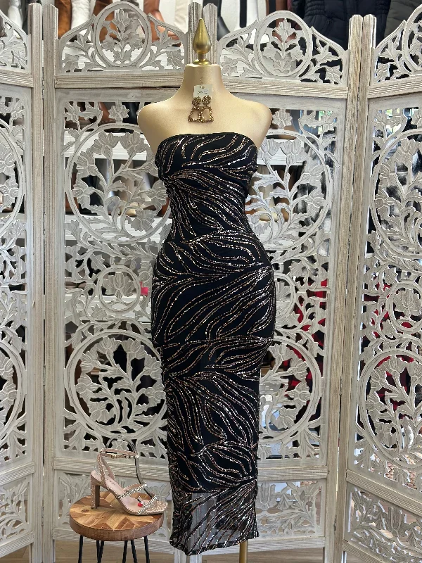 The Epitome Of Modern Women's Fashion Black Strapless Sequin Pattern Midi Dress