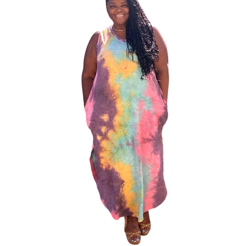 Spring Wardrobe Plus Size Tie Dye V Neck Tie Dye Round Hem Maxi Dress