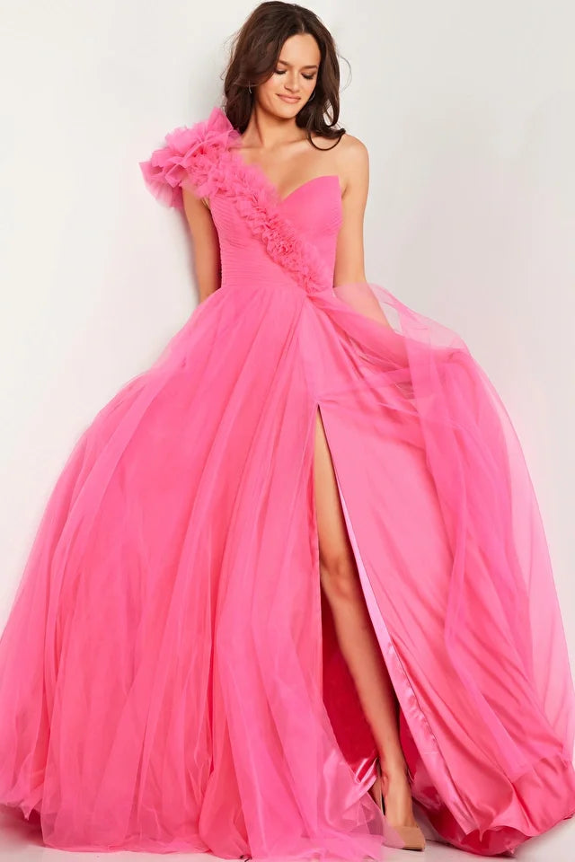 Bold Fashion Jovani 25919 Long Prom Dress Ruffle One Shoulder High Slit Ballgown Formal Pageant Gown